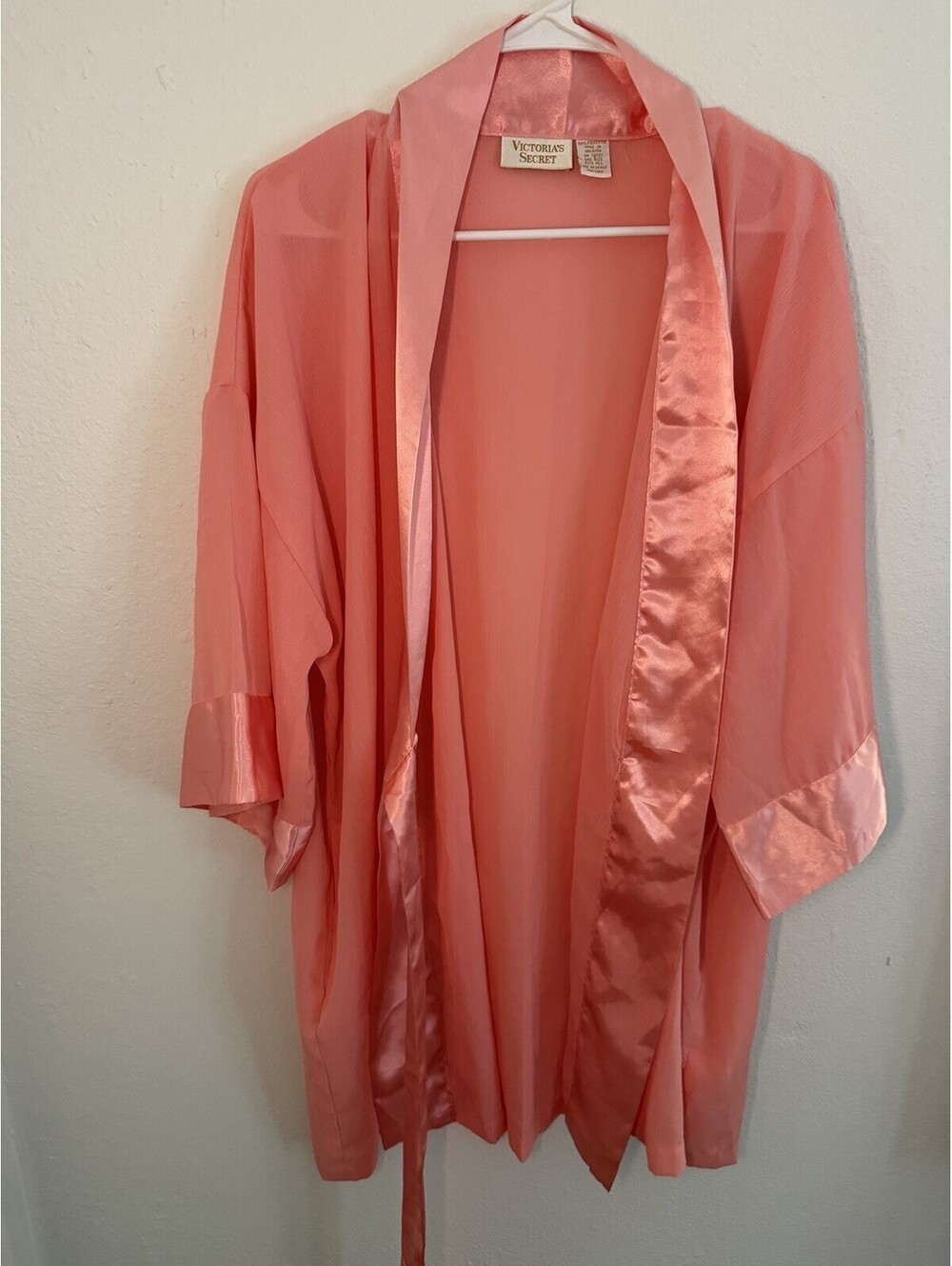 Vintage Victoria’s Secret Robe One Size Coral Pink Sheer Satin Trim Lingerie